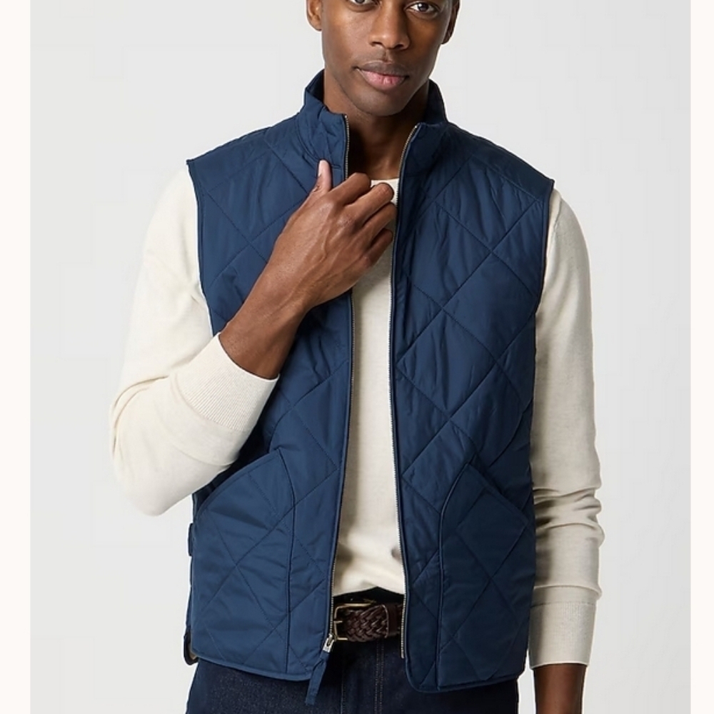 J. Crew Walker Quilted Navy Vest Men's Large Front Zip Pockets Adjustable Back